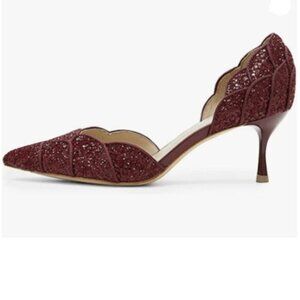XYD Women's Pumps, Elegant Pointed Toe, Kitten Low Heels, Rhinestone Studs Red